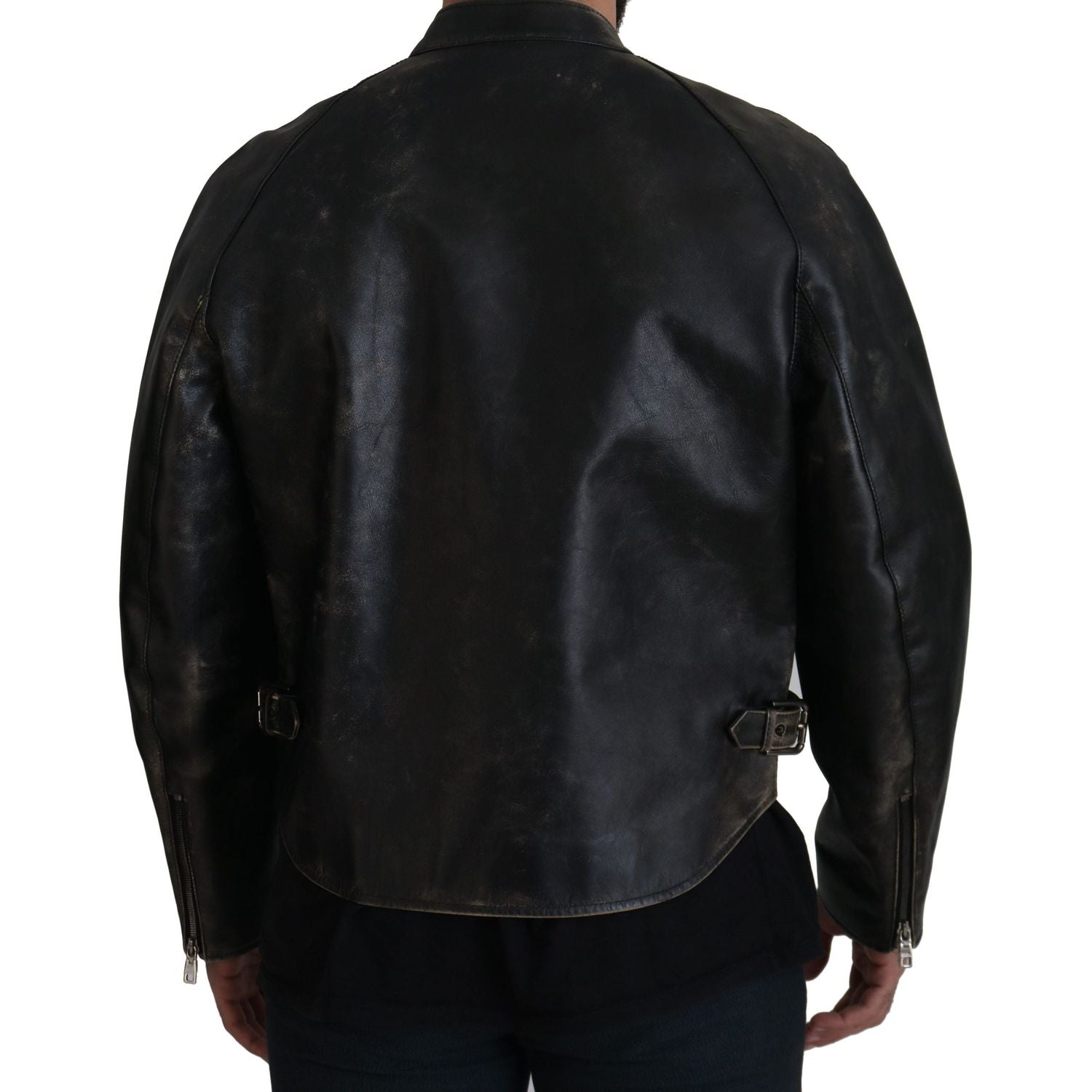 Dolce & Gabbana Black Leather Zipper Biker Coat Jacket
