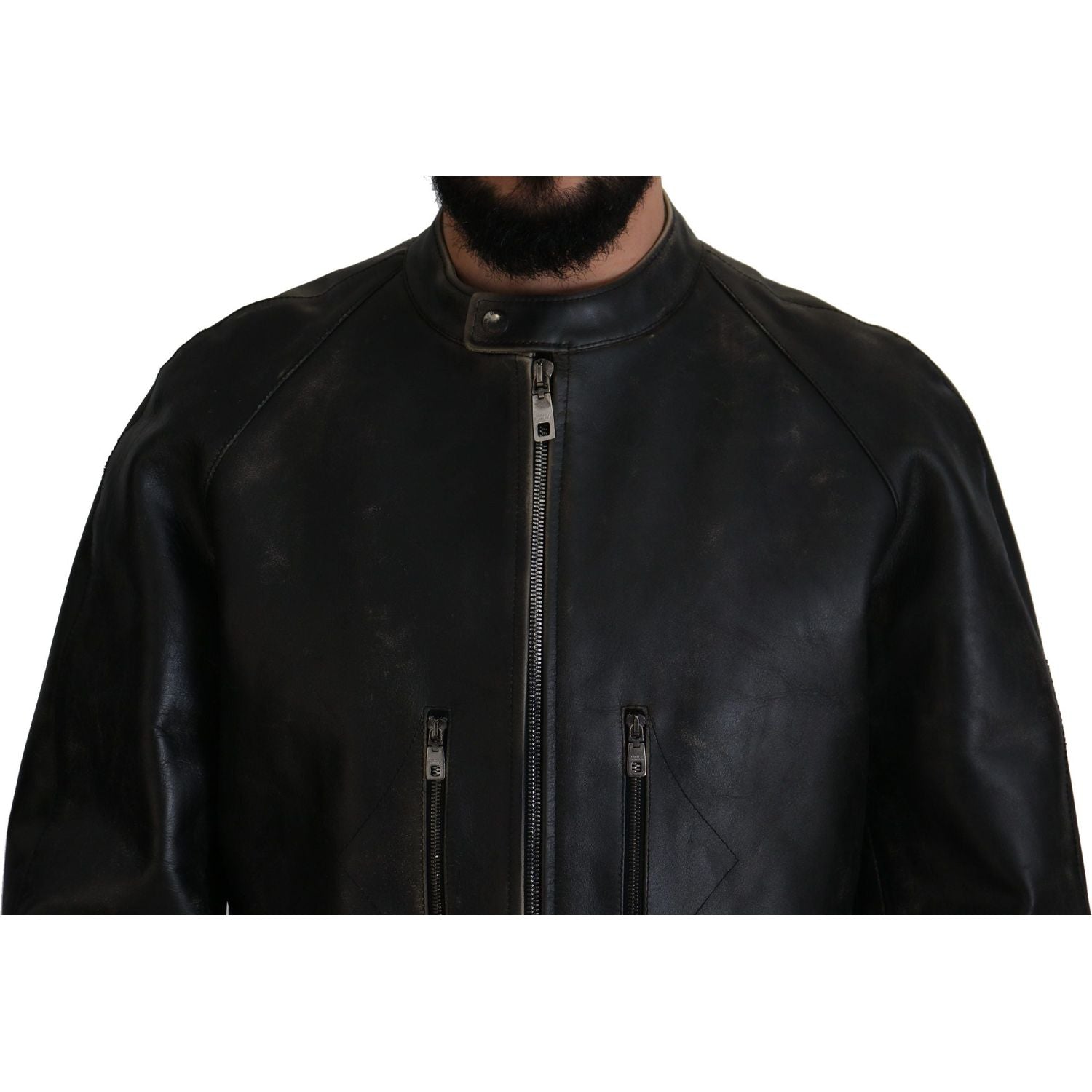 Dolce & Gabbana Black Leather Zipper Biker Coat Jacket