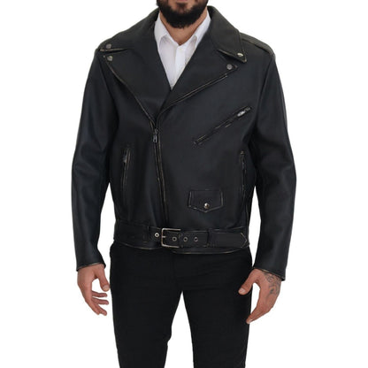 Dolce & Gabbana Black Leather Biker Coat Zipper Jacket