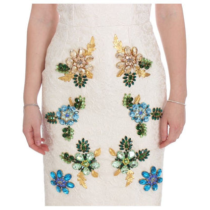 Dolce & Gabbana White Brocade Crystal Sheath Dress