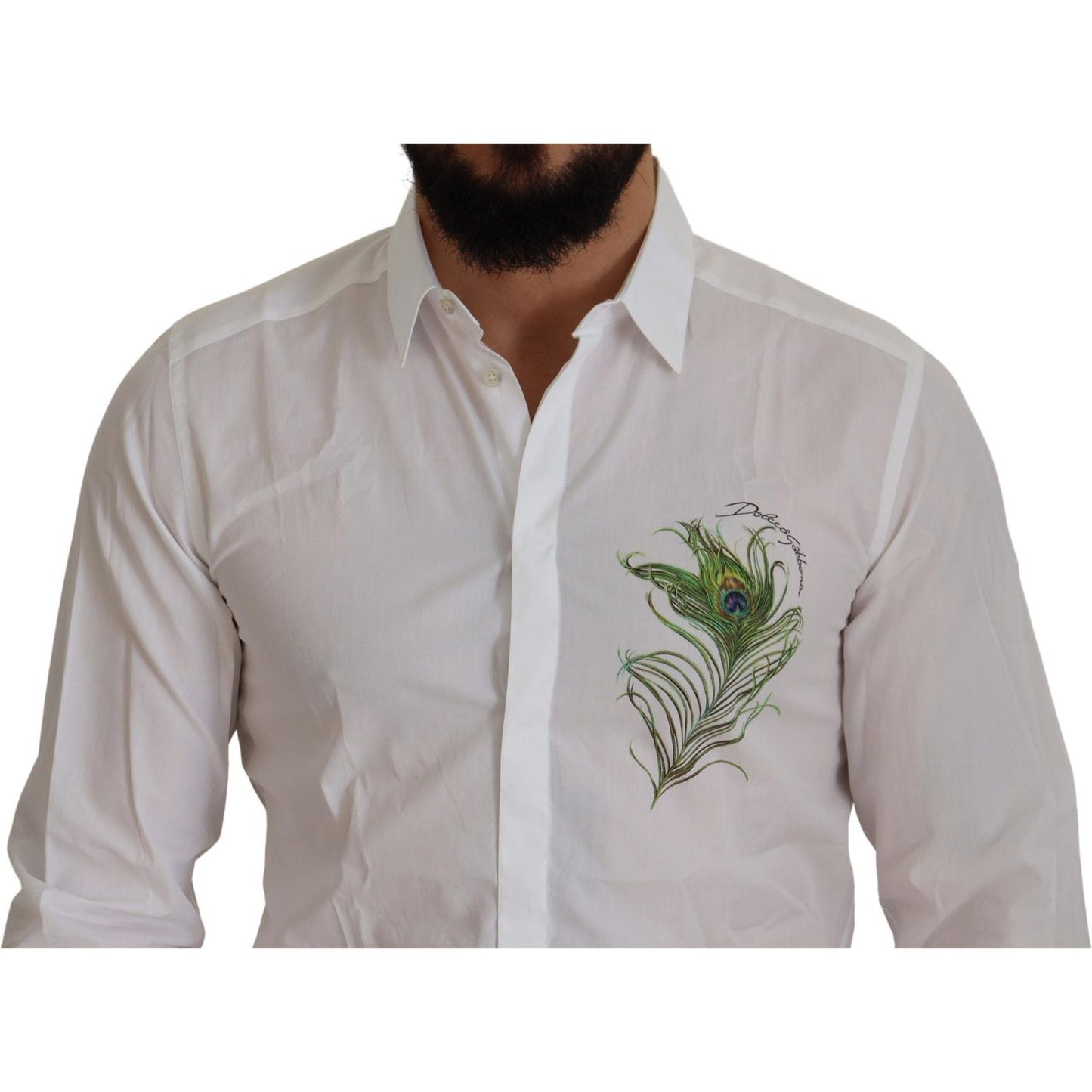 Dolce & Gabbana White Cotton Peacock Feather Formal GOLD Shirt TSH7502- 41