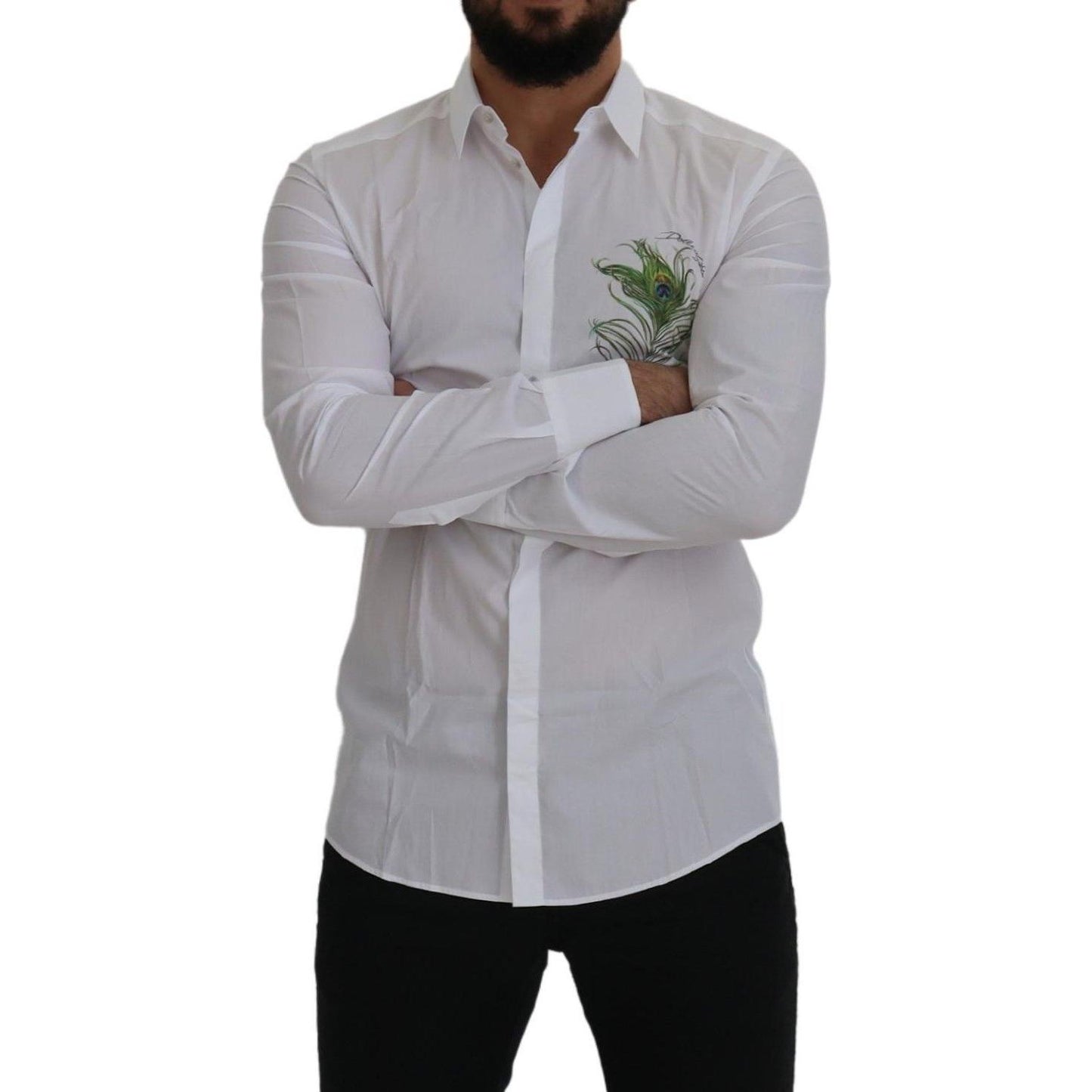 Dolce & Gabbana White Cotton Peacock Feather Formal GOLD Shirt TSH7502- 41