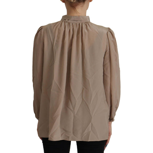 Dolce & Gabbana Brown Waistband Sleeves Ascot Collar Top Blouse TSH7823- 42