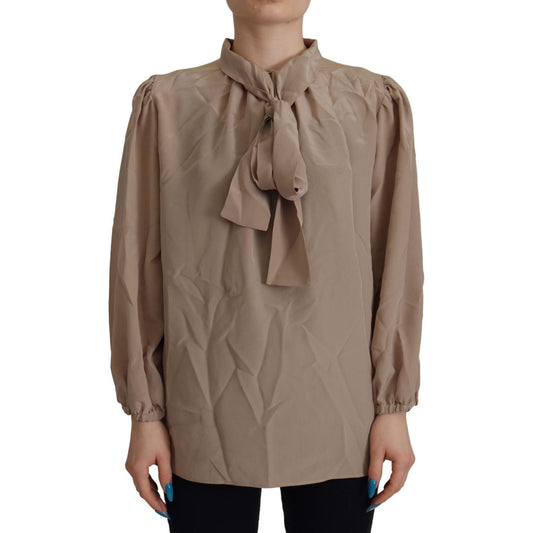 Dolce & Gabbana Brown Waistband Sleeves Ascot Collar Top Blouse TSH7823- 42
