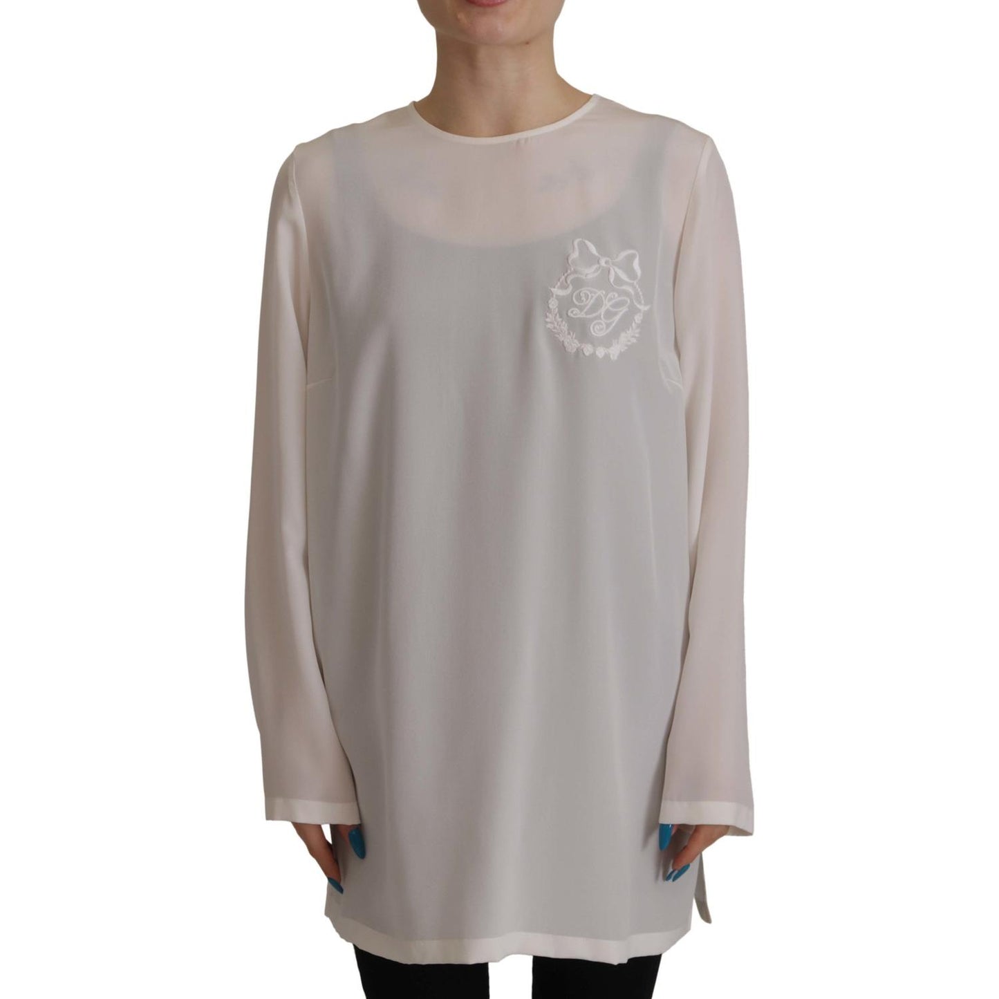 Dolce & Gabbana White Silk DG Logo Embroidered Long Sleeves Blouse