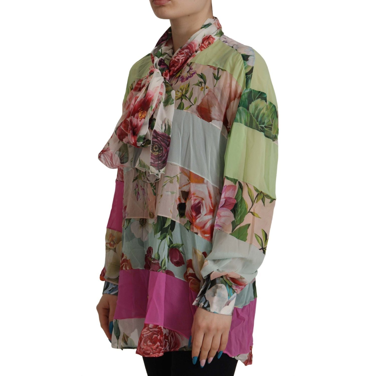 Dolce & Gabbana Multicolor  Floral Patchwork Design Ascot Collar Top Blouse