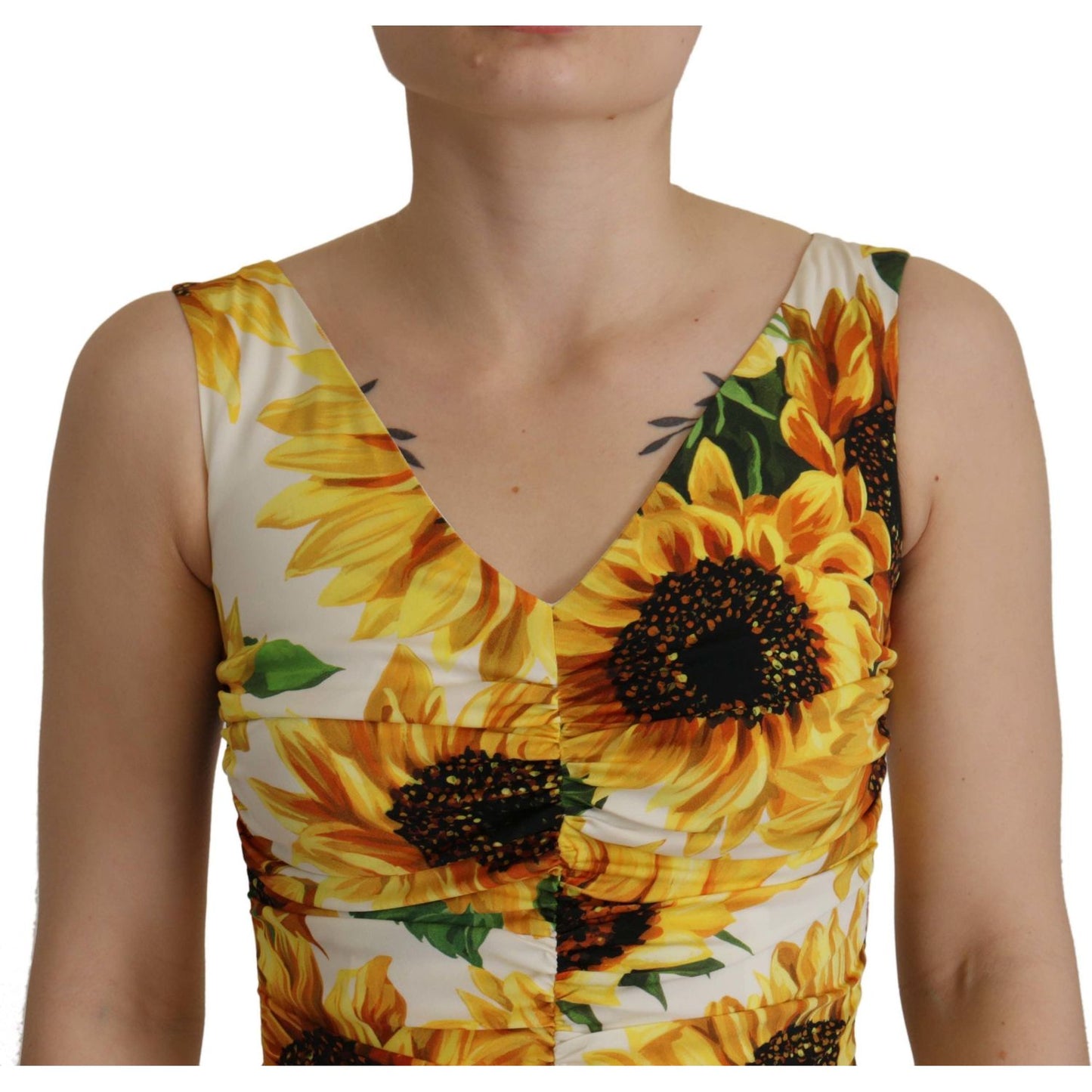 Dolce & Gabbana White Sunflower Print Sheath Midi Silk DR28741 - 36