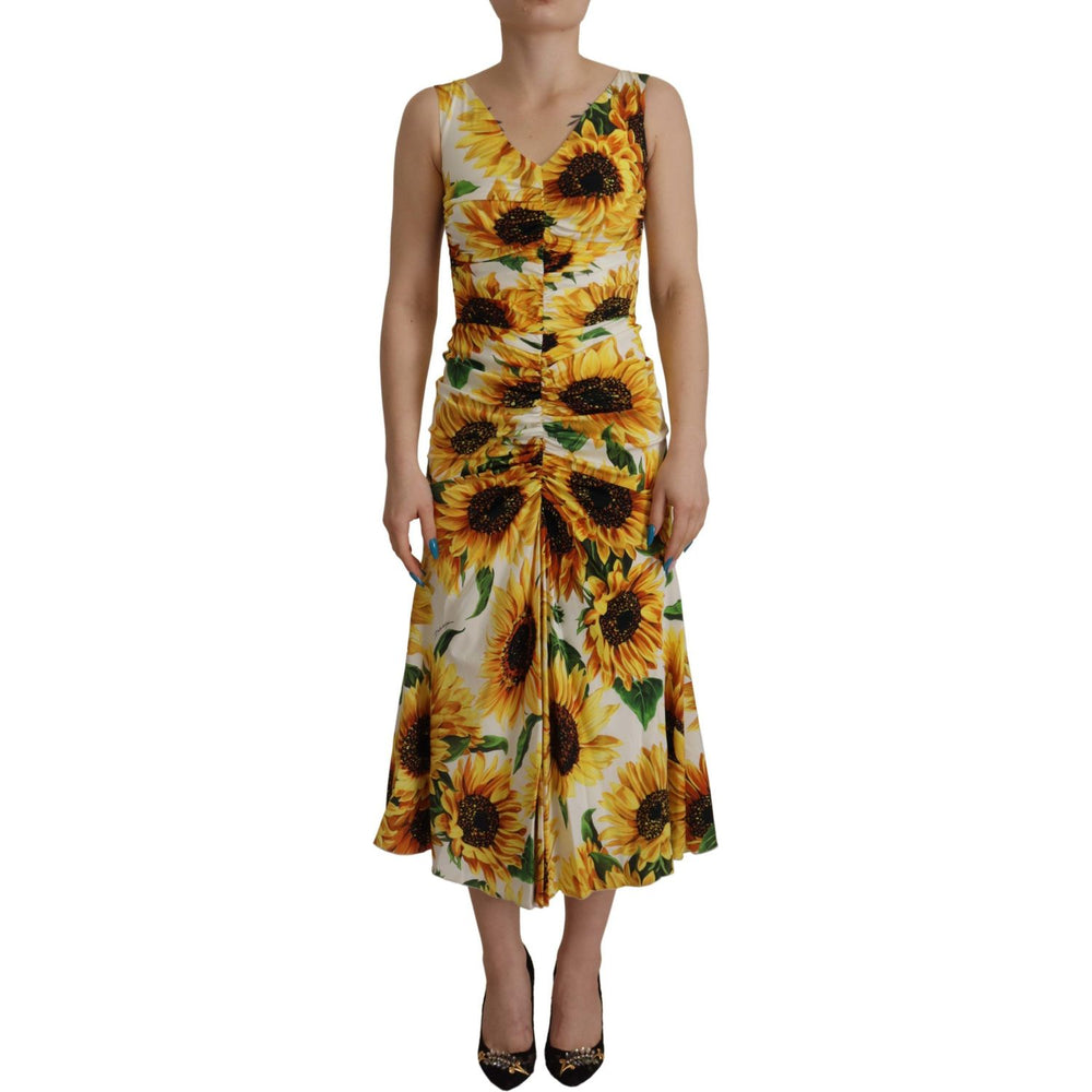 Dolce & Gabbana White Sunflower Print Sheath Midi Silk DR28741 - 36