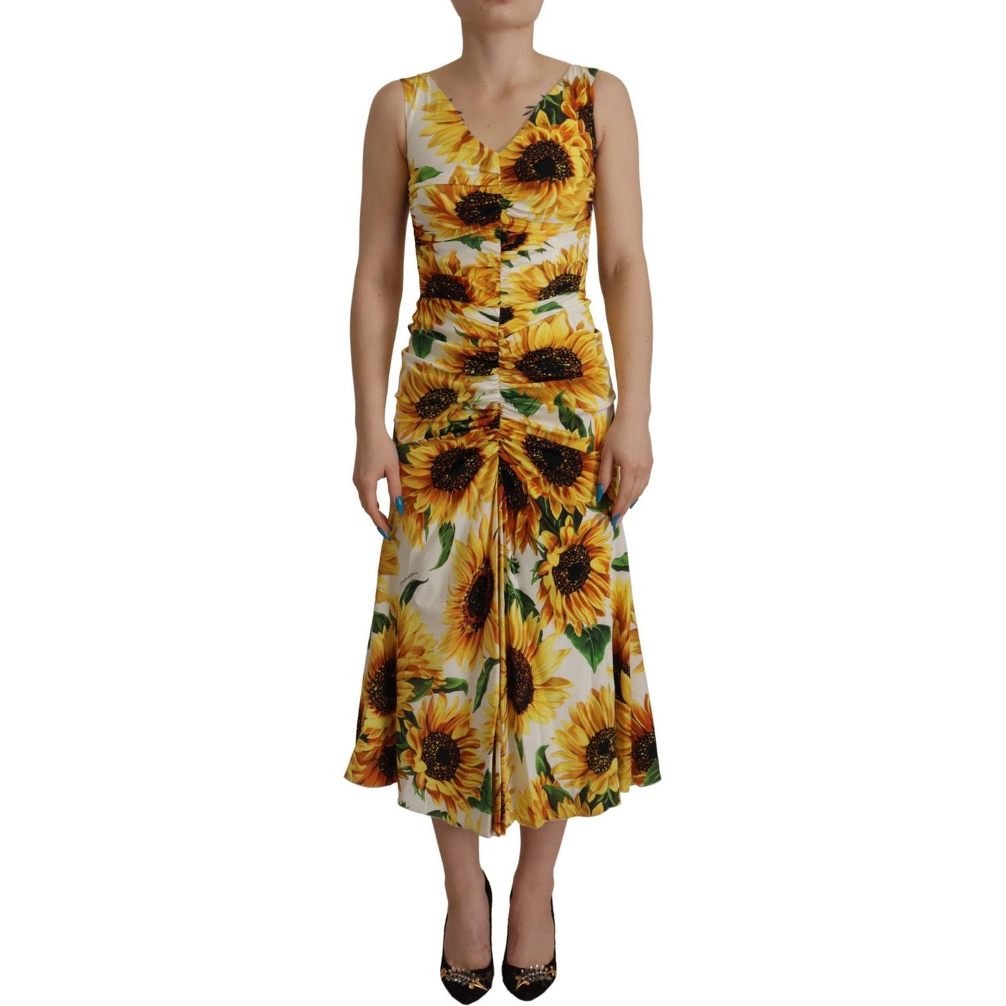 Dolce & Gabbana White Sunflower Print Sheath Midi Silk DR28741 - 36