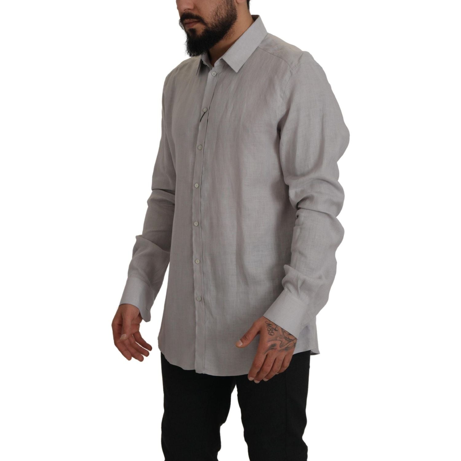 قميص دولتشي آند غابانا الأنيق باللون الرمادي من الكتان بقصّة Slim Fit