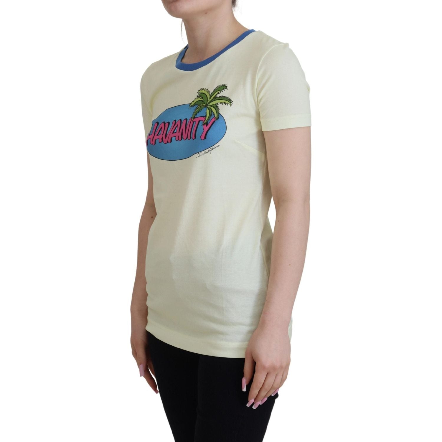 优雅黄色棉质 T 恤，带有别致的印花