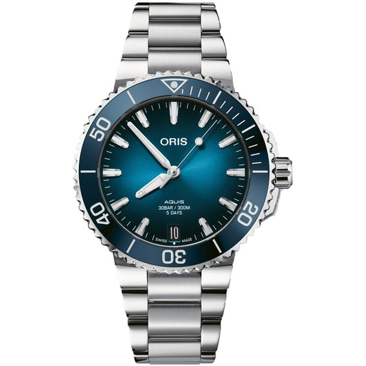 ORIS MOD. AQUIS DATE CALIBRE 400 wristwatch with stainless steel bracelet and blue dial, water resistant 30 ATM, Swiss made.