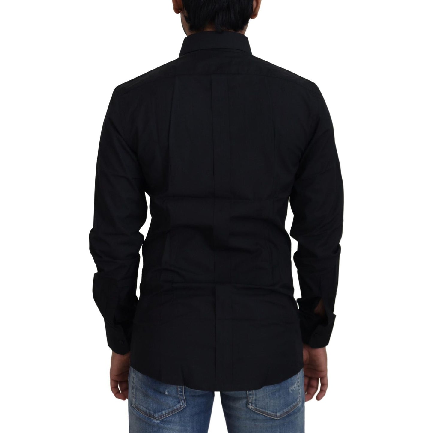 Dolce & Gabbana Black Cotton Slim Fit Formal Dress GOLD Shirt