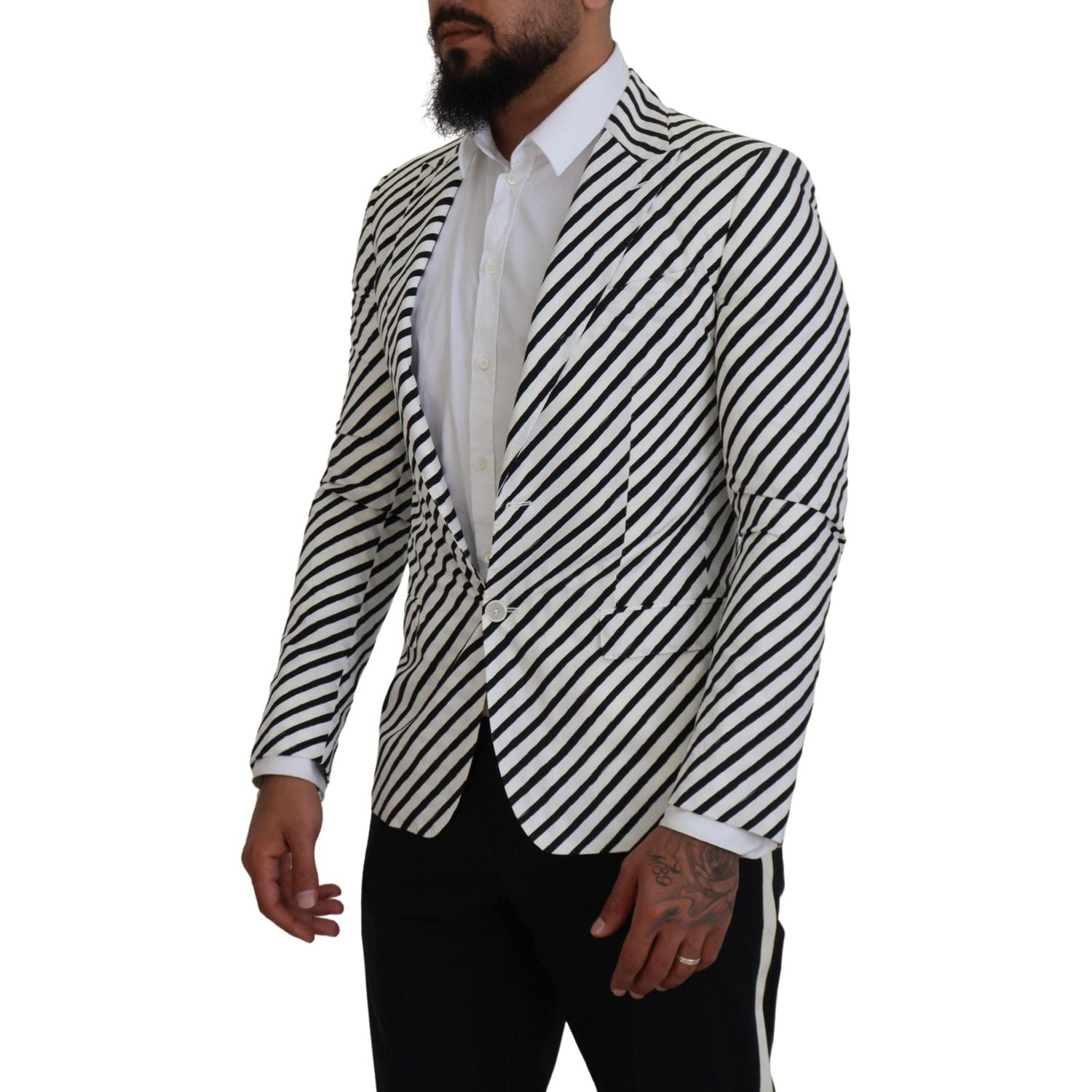 Dolce & Gabbana White Black Striped Slim Fit Jacket Blazer