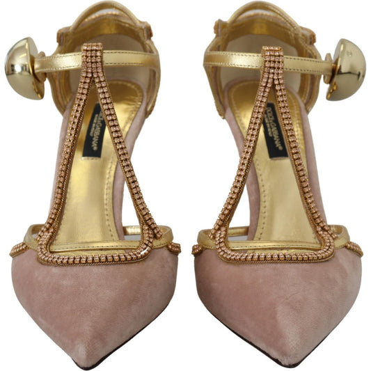Dolce & Gabbana Pink Crystal T-strap Heels Pumps Shoes LA10020 - 36