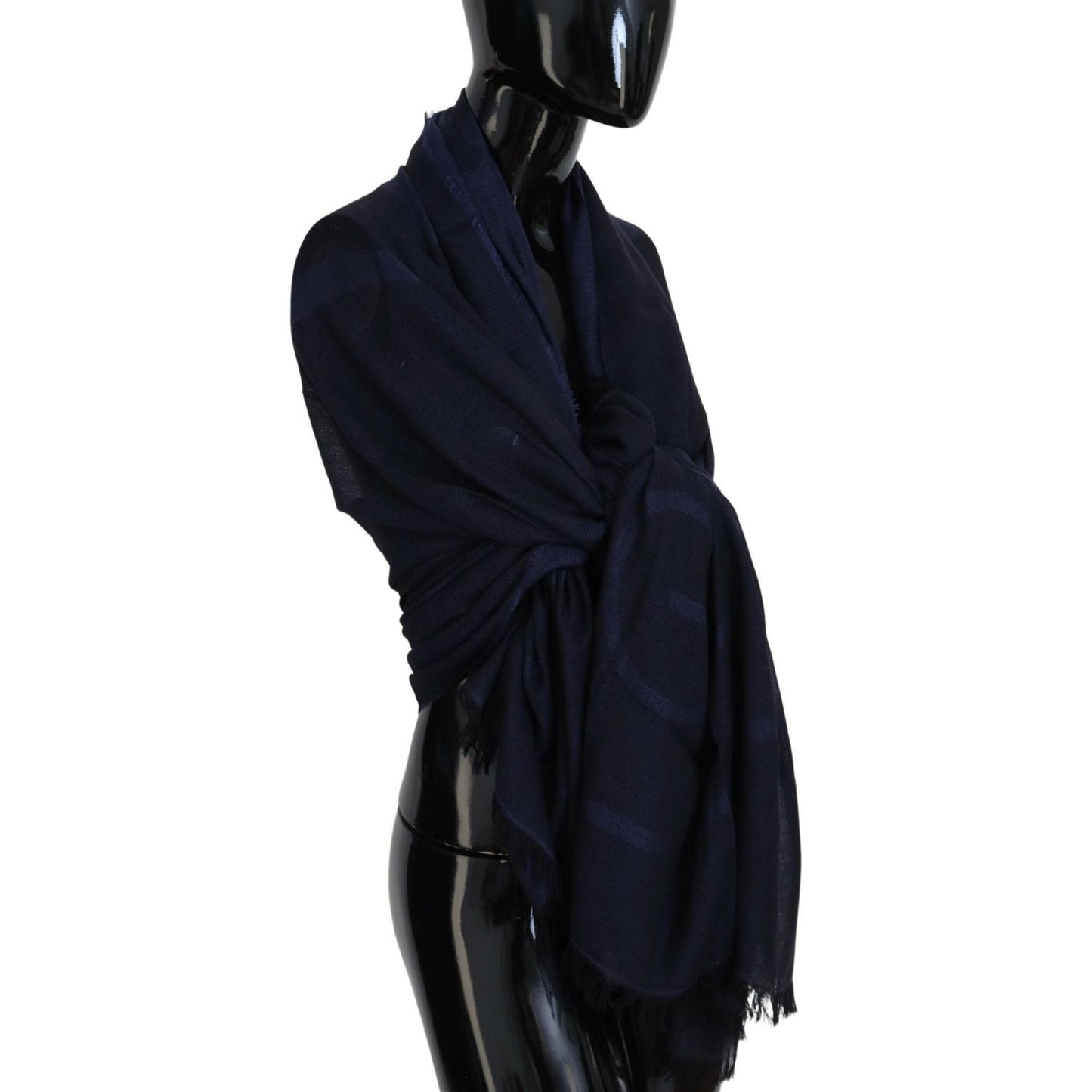 GF Ferre Dark Blue Wool Neck Wrap Shawl Fringes Scarf