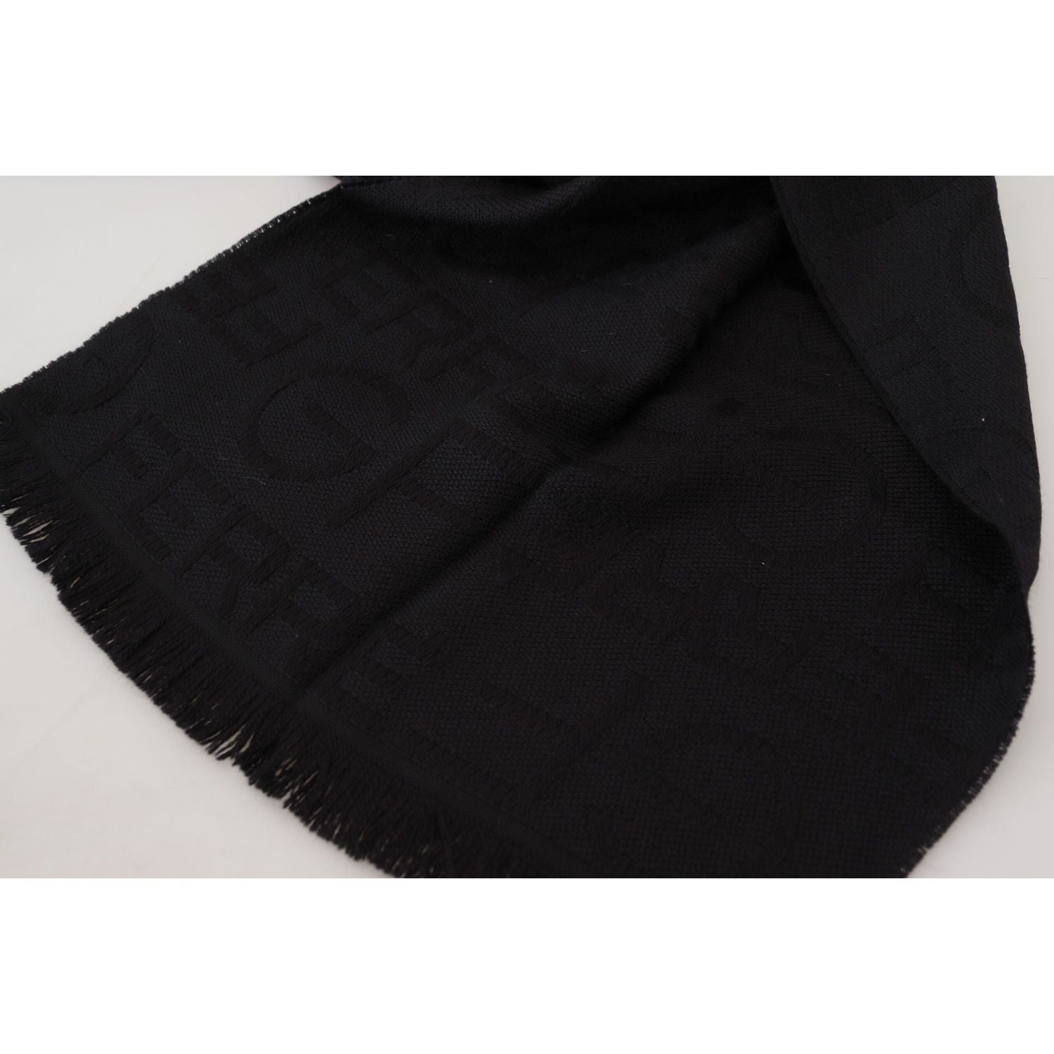 GF Ferre Black Wool Neck Wrap Shawl Fringes Scarf