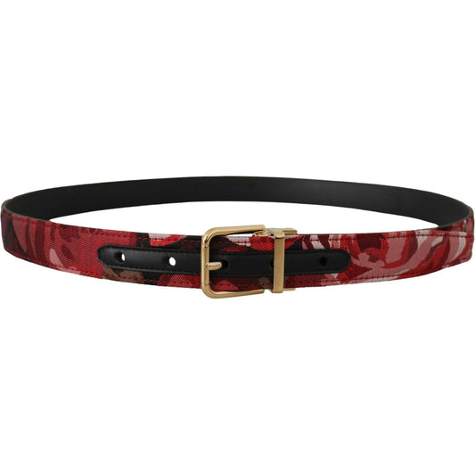 Dolce & Gabbana Red Jacquard Rose Leather Gold Metal Buckle Belt BEL8419- 90
