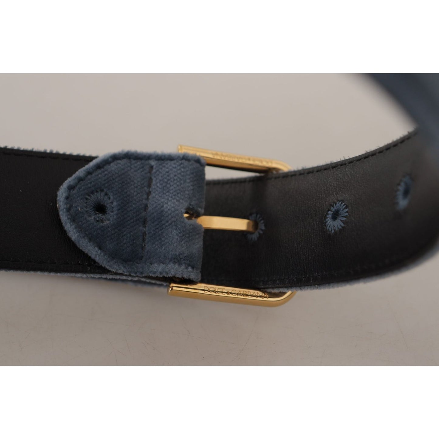 Dolce & Gabbana Navy Blue Velvet Gold Metal Logo Waist Buckle Belt