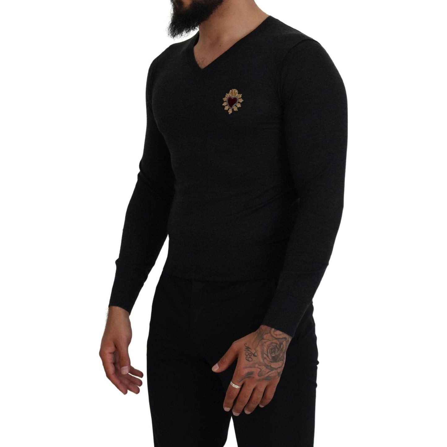 Dolce & Gabbana Gray Cashmere V-neck Gold Heart Sweater TSH83627- 44