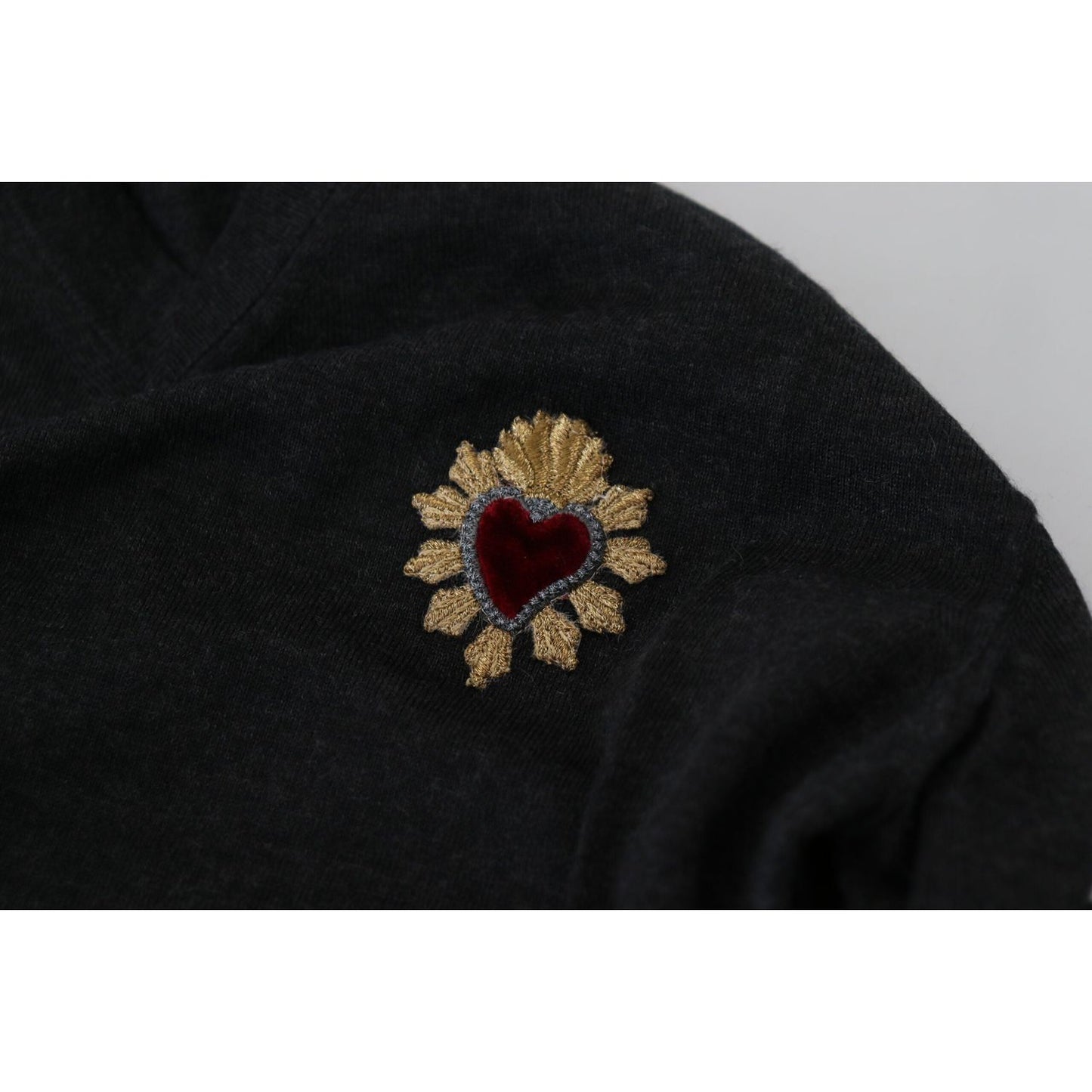Dolce & Gabbana Gray Cashmere V-neck Gold Heart Sweater TSH83627- 44