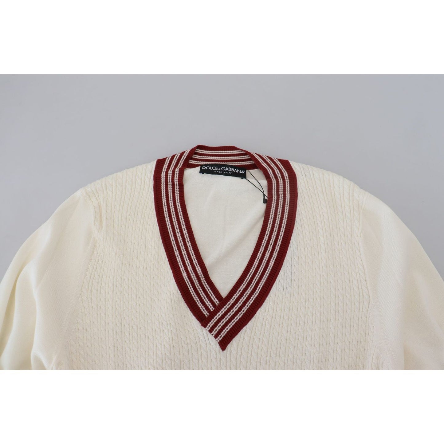 Dolce & Gabbana White Red Knitted V-neck Pullover Sweater