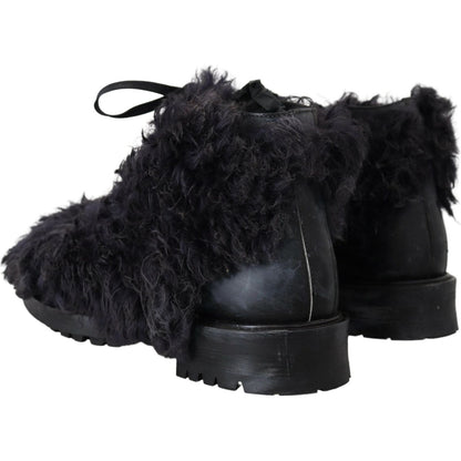 Dolce & Gabbana Black Leather Combat Shearling Boots Shoes