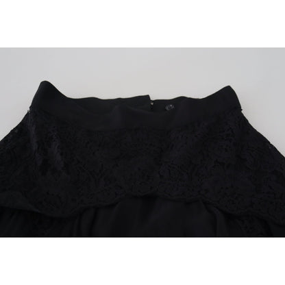 Dolce & Gabbana Black Silk Lace Trim High Waist Midi Skirt