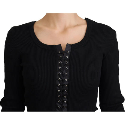 Dolce & Gabbana Black Wool Knitted Tie Up Slim Fit Sweater