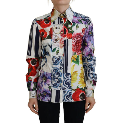 Dolce & Gabbana Multicolor Floral Cotton Collared Blouse Top