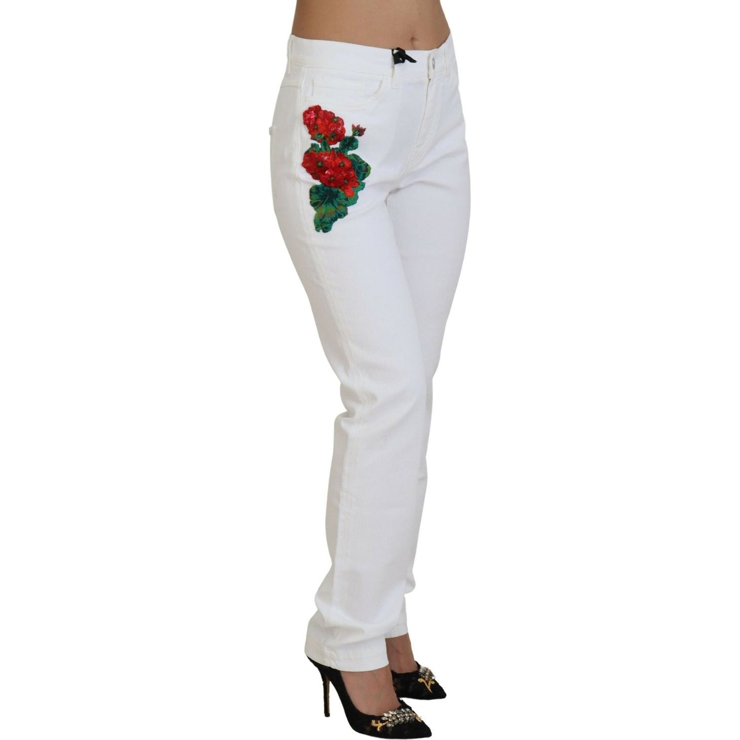Dolce & Gabbana White Floral Embroidery Skinny Denim Jeans