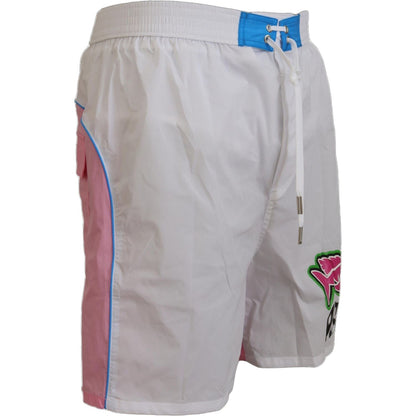 Dsquared² White Pink Logo Print Men Beachwear Shorts Swimwear