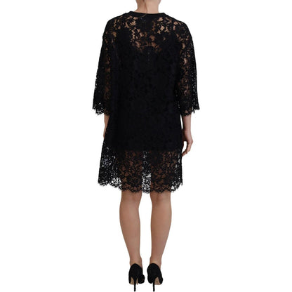 Dolce & Gabbana Black Floral Lace Cotton Shift Mini Dress
