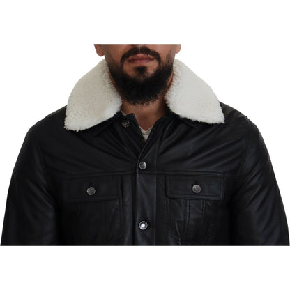 Dolce & Gabbana Black Lamb Leather Collared Men Coat Jacket