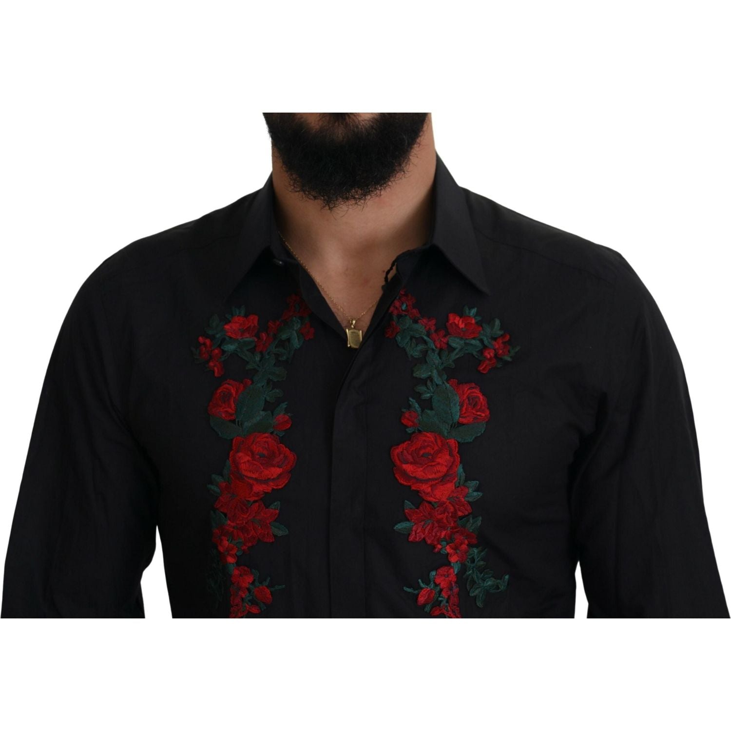 Dolce & Gabbana Black Floral Embroidery Men Long Sleeves GOLD Shirt