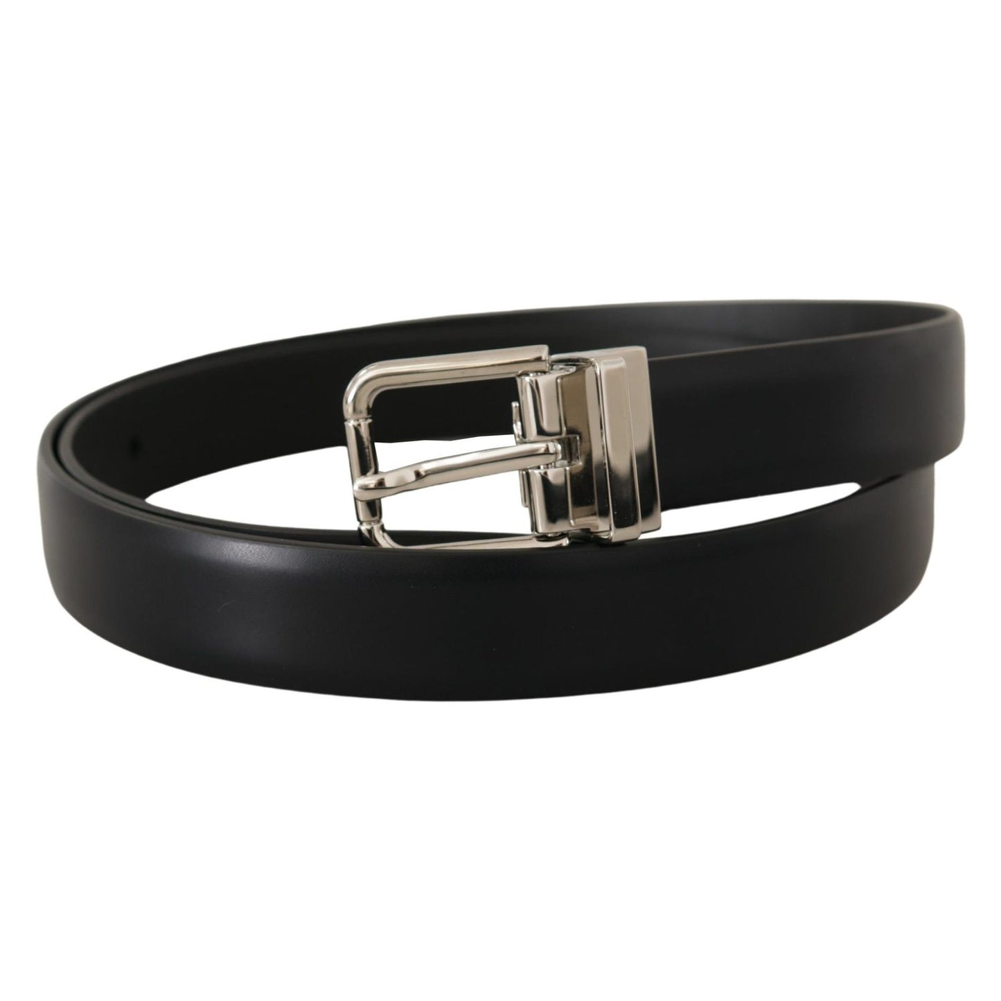Dolce & Gabbana Black Calf Leather Silver Metal Logo Buckle Belt