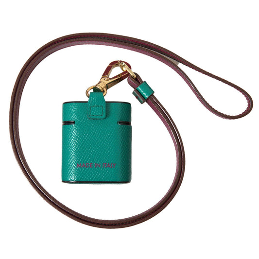 Dolce & Gabbana Green Maroon Calf Leather Logo Print Strap Airpods Case