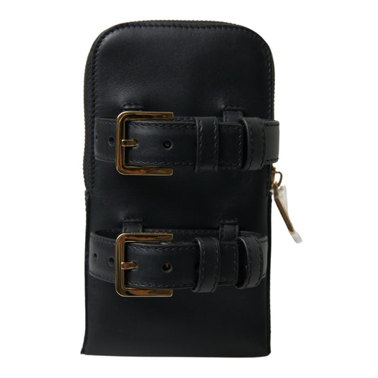Dolce & Gabbana Black Leather Men Purse Double Belt Strap Bracelet Bag
