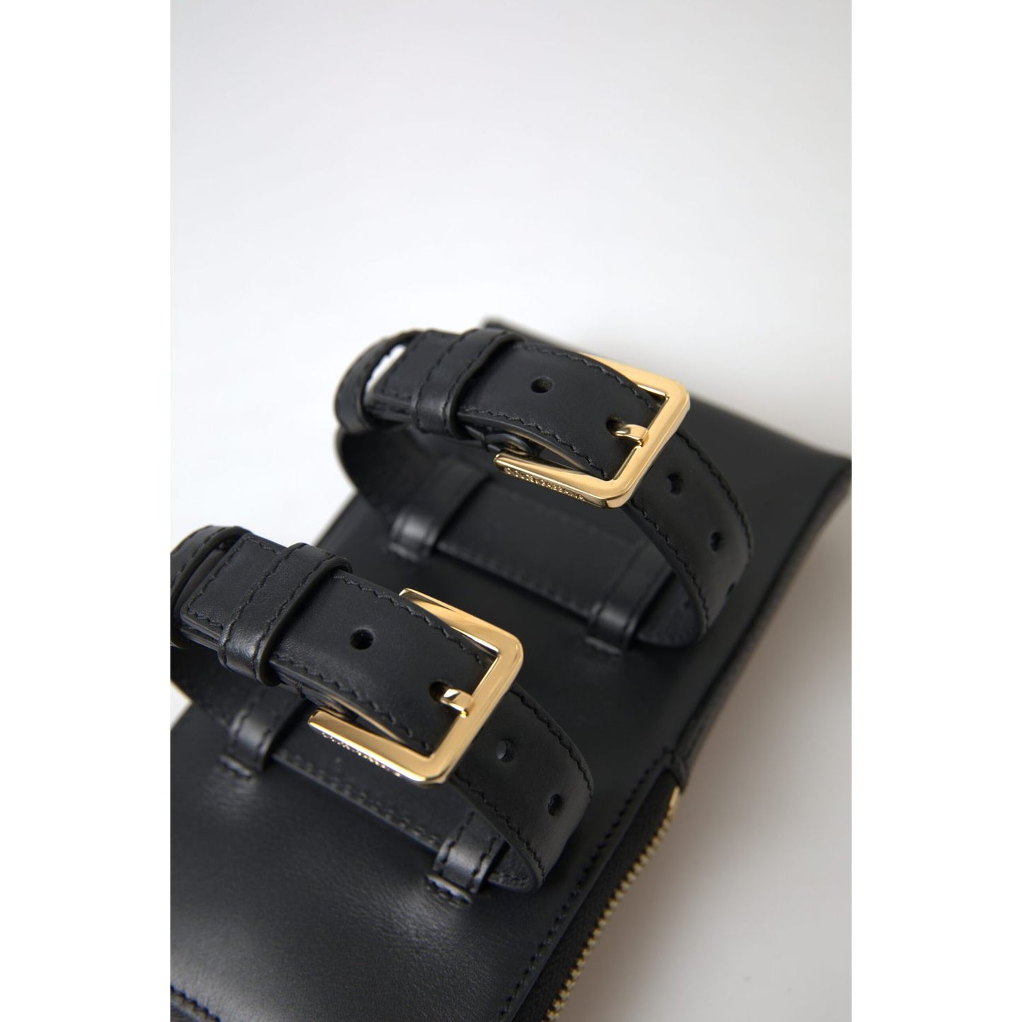Dolce & Gabbana Black Leather Men Purse Double Belt Strap Bracelet Bag
