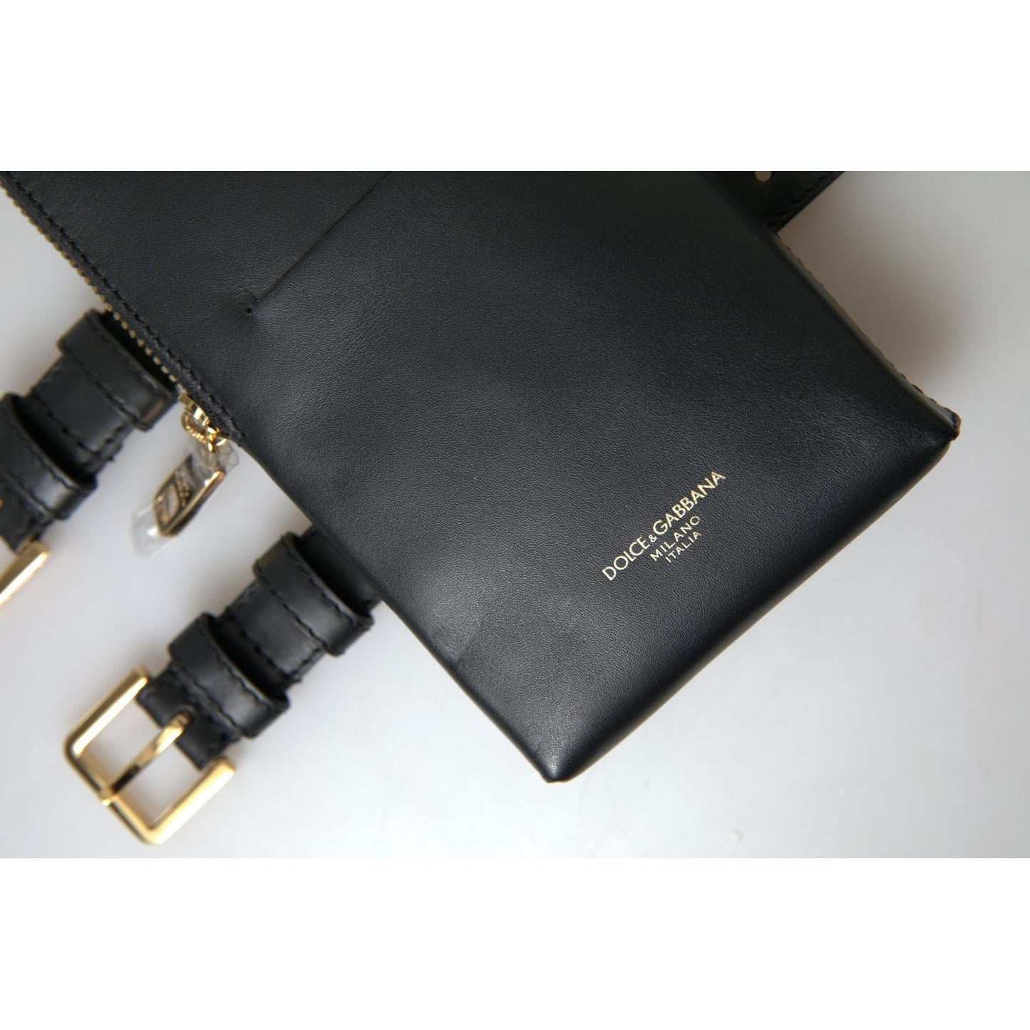 Dolce & Gabbana Black Leather Men Purse Double Belt Strap Bracelet Bag