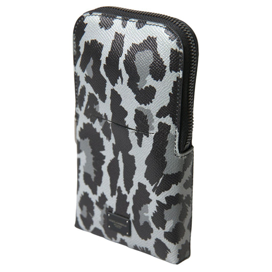 Dolce & Gabbana Gray Leopard Leather Men Purse Crossbody Sling Phone Bag