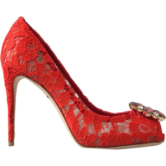 Dolce & Gabbana Red Taormina Lace Crystal Heels Pumps Shoes LA10240-35.5