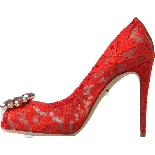 Dolce & Gabbana Red Taormina Lace Crystal Heels Pumps Shoes LA10240-35.5