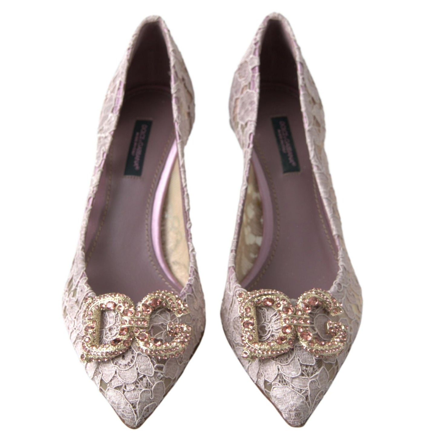 Dolce & Gabbana Pink Floral Lace DG Crystal Pumps Shoes
