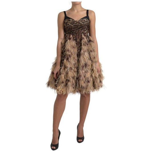 Dolce & Gabbana Brown Leopard Feather Chiffon Sleeveless Dress DR281000-40
