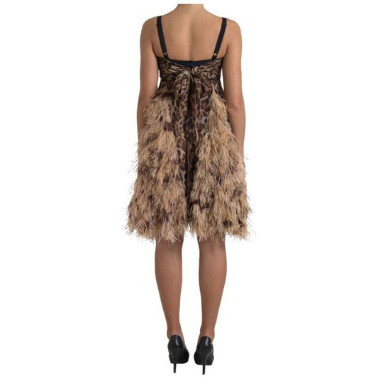 Dolce & Gabbana Brown Leopard Feather Chiffon Sleeveless Dress DR281000-40