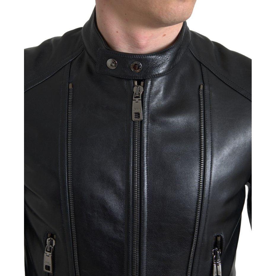 Dolce & Gabbana Black Leather Zipper Coat Men Jacket
