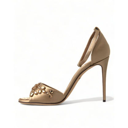 Dolce & Gabbana Gold Satin Ankle Strap Crystal Sandals Shoes