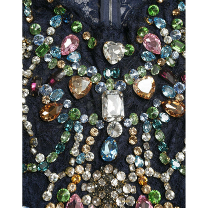 Dolce & Gabbana Blue Crystal Floral Lace Long Gown Dress