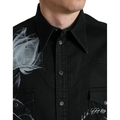Dolce & Gabbana Black Floral Cotton Collared Dress Shirt